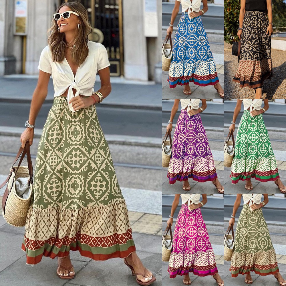 Summer New Print Loose Stitching Big Swing Skirt Women