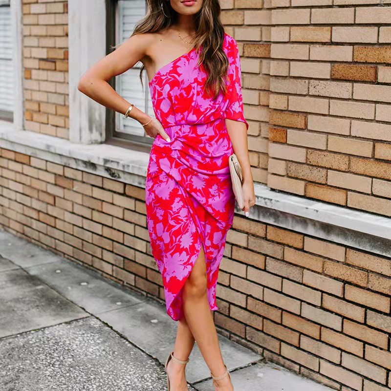 2022 Amazon Spring/Summer New Style Oh Sexy Slim Slanted Shoulder Backpack Hip Print Knit Dress