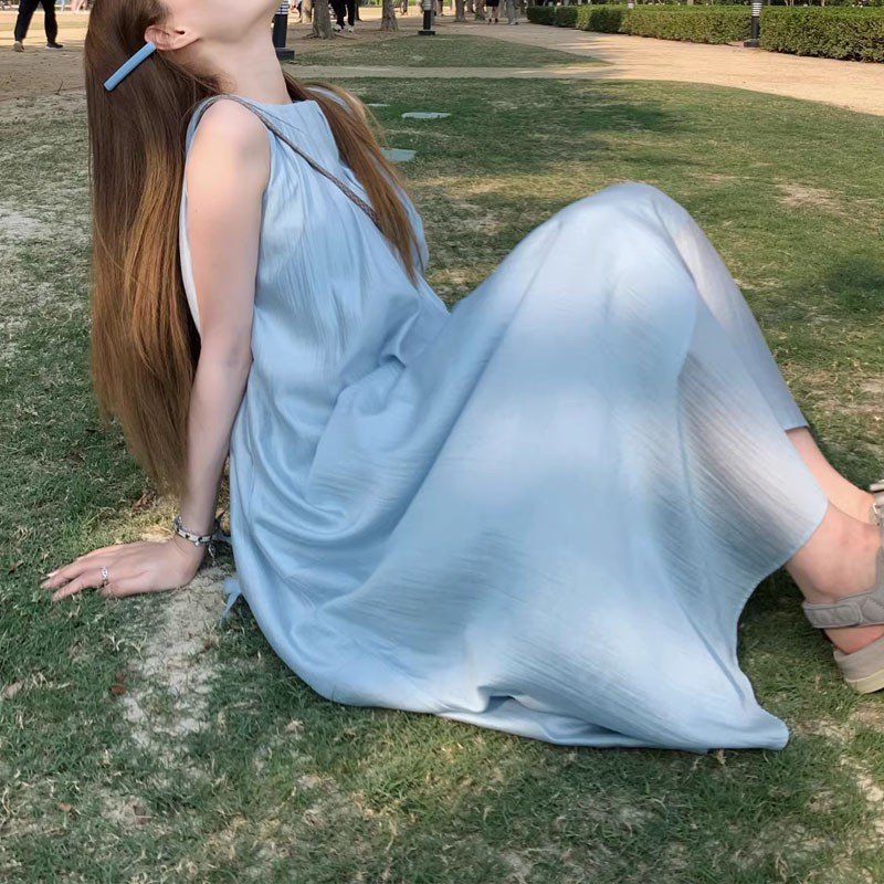 Pastoral Blue Clothes Acetate Dress New Summer Women's Clothing 2023 Sleeveless Camisole Skirt Skirt Wholesale