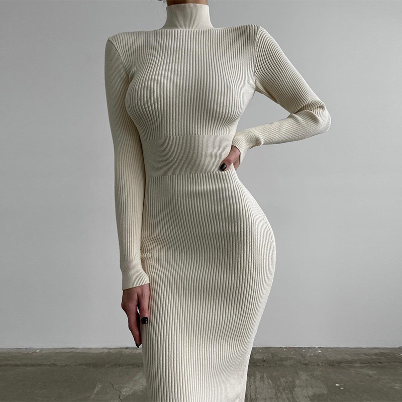 High Collar Mid-length Pit Strip Knitted Skirt Women's Solid Color Wool Knit Tight Sexy Autumn And Winter European And American Dresses