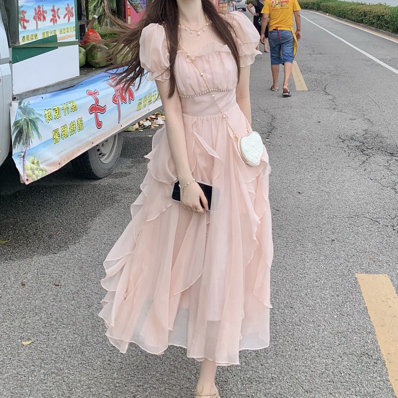 New Temperament French Square Collar New Gentle Long Dress Women's Short-sleeved Summer Skirt