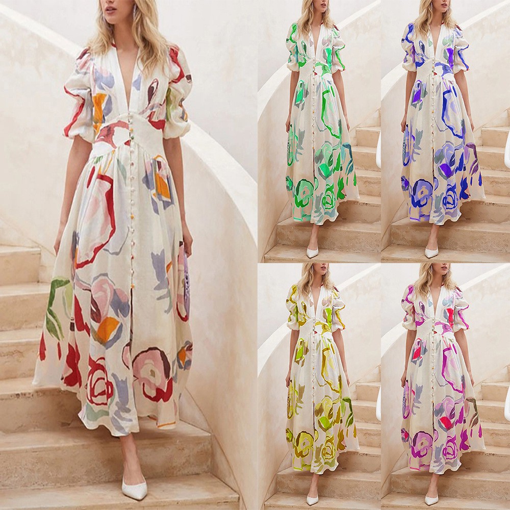 Beach Dress Slim-fit Big Swing Four-sided Elastic Printed Long Skirt